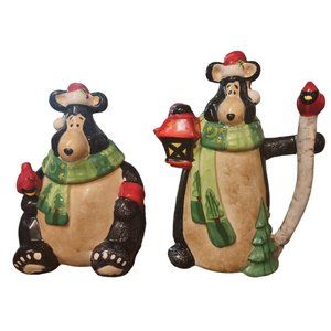 Vintage WCL Black Christmas Bear w/ Cardinal Ceramic Cookie Jar & Tea Pot Set